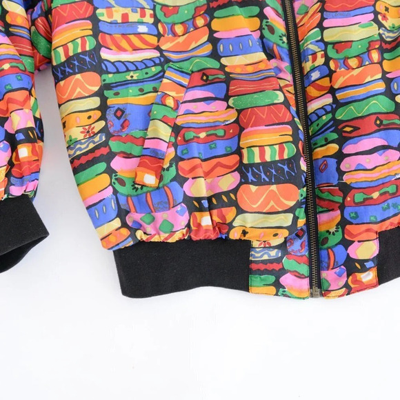 Vintage K Arnold 100% Silk Rainbow Pattern Bomber Jacket M - Picture 8 of 14